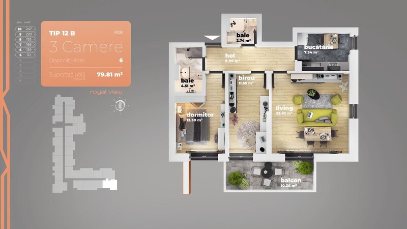 Piata Sudului, apartament 3 camere, 79.81 mp utili